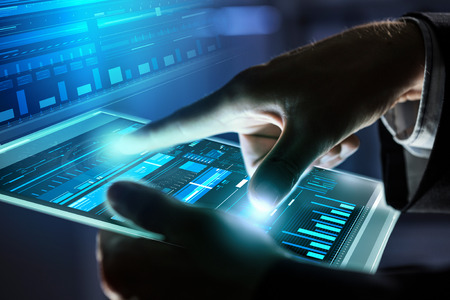 Close up of human hands using virtual panel