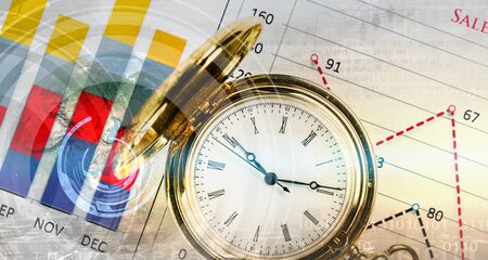 Pocket watch and business concepts on digital background