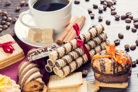 Assorted biscuits and sweets on tableの写真素材