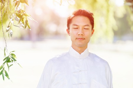 Handsome man practicing thai chi in the park in the summertimeの写真素材