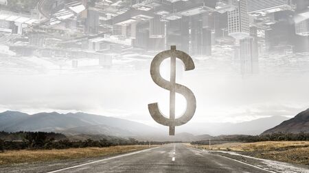 Big stone dollar currency sign on asphalt road