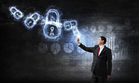 Businessman on digital futuristic background using his smartphone