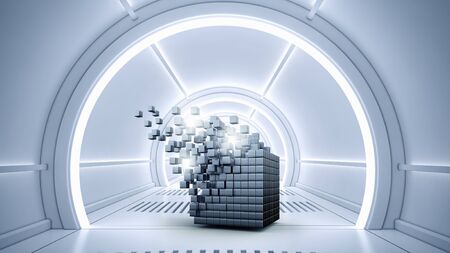 Abstract cube in futuristic room as innovative virtual interior designの写真素材