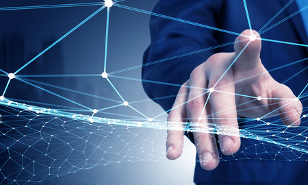 Businessman hand touching with finger digital connection lines on virtual screen
