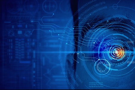 Close up of man eye in process of scanningの写真素材