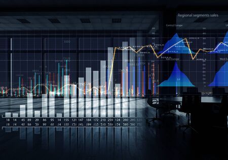 Modern office window view with virtual market infographsの写真素材