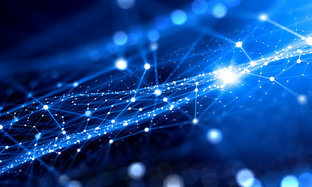 Blue virtual technology background with lines and gridsの写真素材