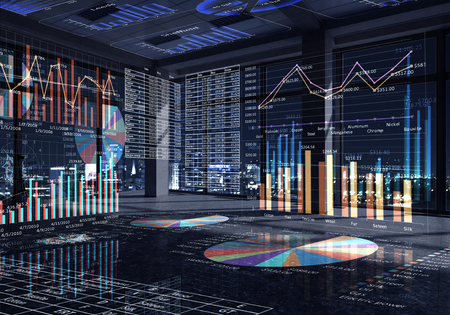 Modern office window view with virtual market infographs Modern office window view with virtual market infographs