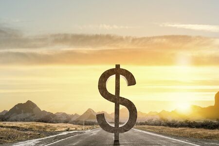 Big stone dollar currency sign on asphalt road