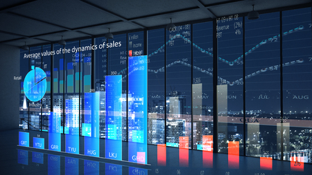 Modern office window view with virtual market infographsの写真素材