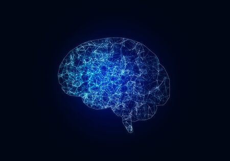 Digital blue grid brain on dark backgroundの写真素材
