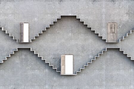 Concrete room with stair going up and doors in wall