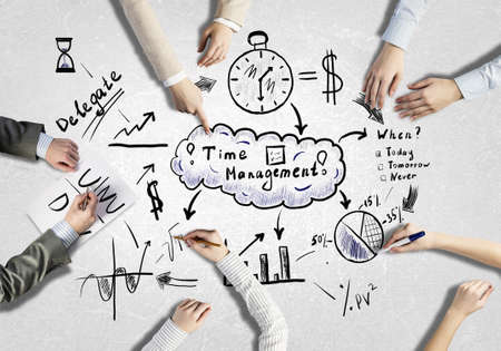 Top view of people hands drawing business strategy successful plan