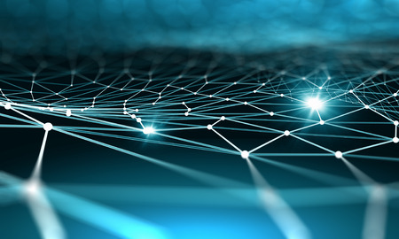 Blue virtual technology background with lines and gridsの写真素材