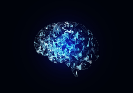 Digital blue grid brain on dark background