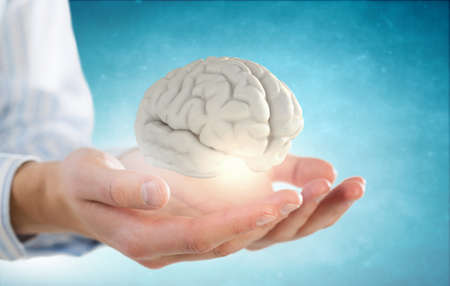 Close up of human hand holding brain