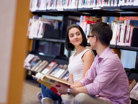 Two young students working together at the libraryの写真素材