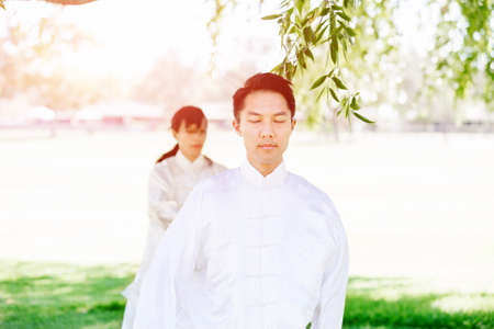 Handsome man practicing thai chi in the park in the summertimeの写真素材