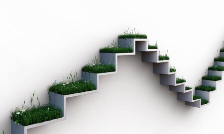 Concrete room with green graph stair on wall going upの写真素材