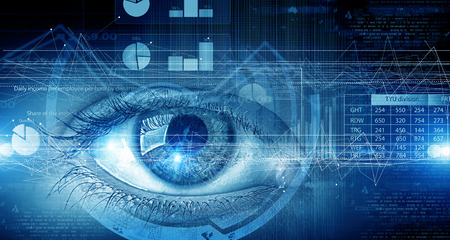 Close up of human eye on digital technology backgroundの写真素材