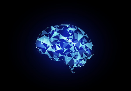 Digital blue grid brain on dark backgroundの写真素材