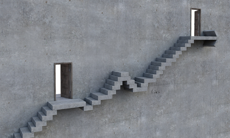 Concrete room with stair going up and doors in wallの写真素材