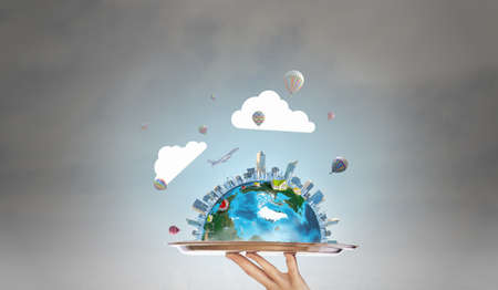 Hand of waiter holding tray with Earth planet. Elements of this image are furnished by NASA