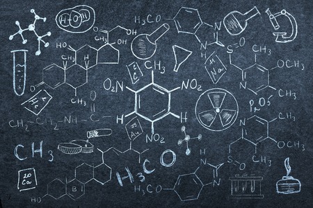 Background image with chemistry lesson drawings on chalkboardの写真素材