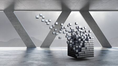 Office window in day lights and digital levitating cube