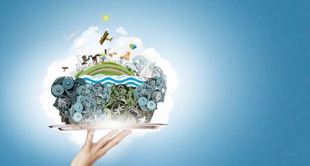 Environmental concept with hand hold tray with green life concept
