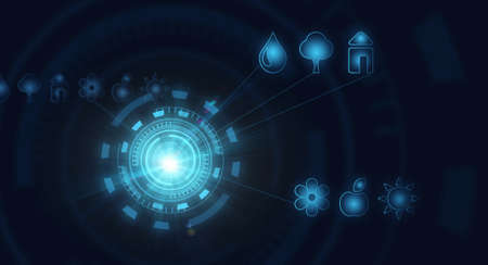 Digital technology dark background with circled icons and connection linesの写真素材