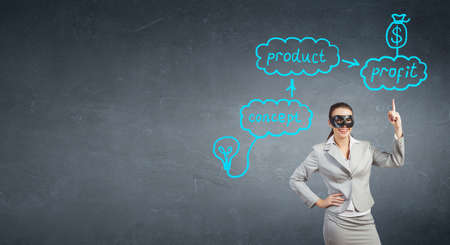 Young thoughtful businesswoman with black mask on faceの写真素材