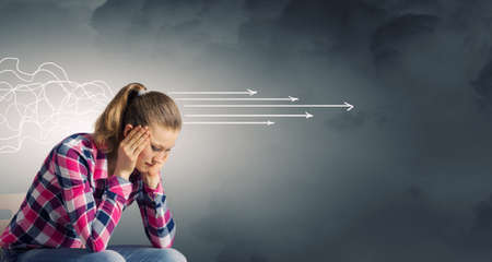 Thinking woman making decision and ideas coming out of her head