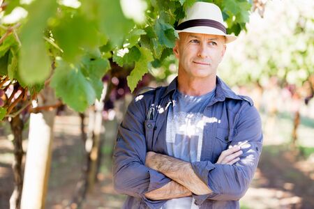 Man wearing hat standing in vineyard