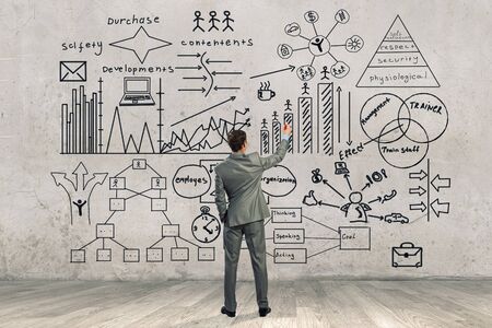 Rear view of businessman drawing his strategy planの写真素材