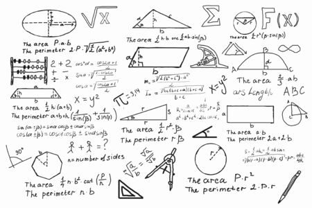 Background with hand written geometry formulas and geometric shapes and figures
