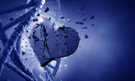 Biochemistry concept with DNA molecule and broken stone heartの写真素材