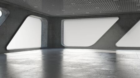 Large spacious room with windows as office interiorの写真素材