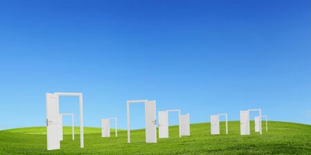 Green field with many mysterious doors to somewhereの写真素材