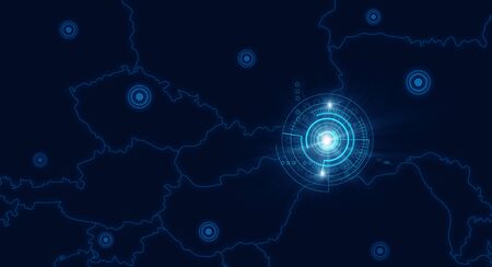 Digital technology dark background with circled icons and connection linesの写真素材