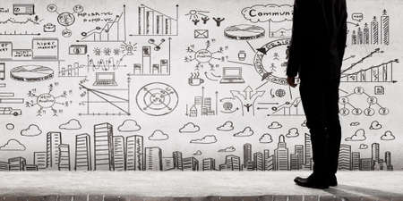 Rear view of businessman with suitcase looking at business ideasの写真素材