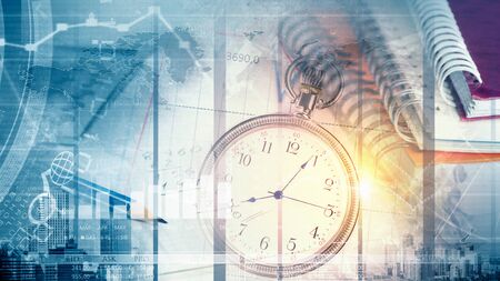 Pocket watch and business concepts on digital background