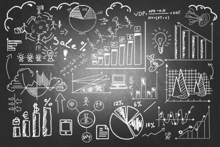 Background image with business sketches and ideas on chalkboardの写真素材