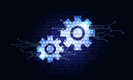 Glowing gear icon on dark technology backgroundの写真素材