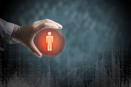 Scientist doctor hand on science background holds glass dishの写真素材