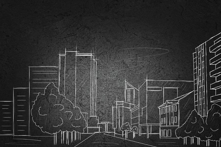 Drawing of construction architect project on black wallの写真素材