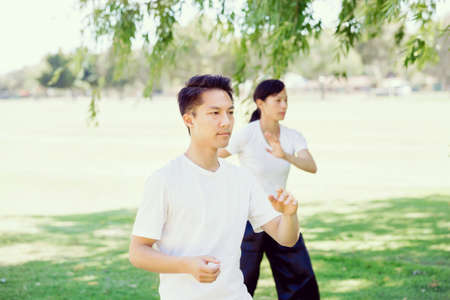 People practicing thai chi in the park in the summertimeの写真素材