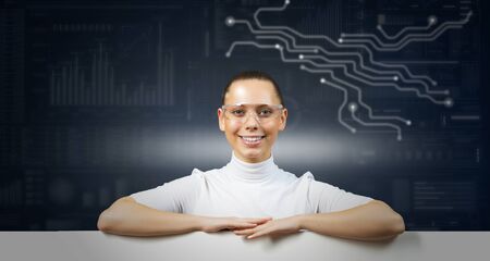 Cyber woman in glasses in virtual interface interior with white banner