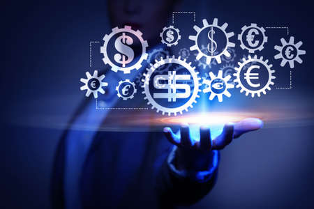 Close up of business person palm showing global connection conceptの写真素材