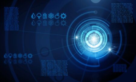 Digital technology dark background with circled icons and connection lines